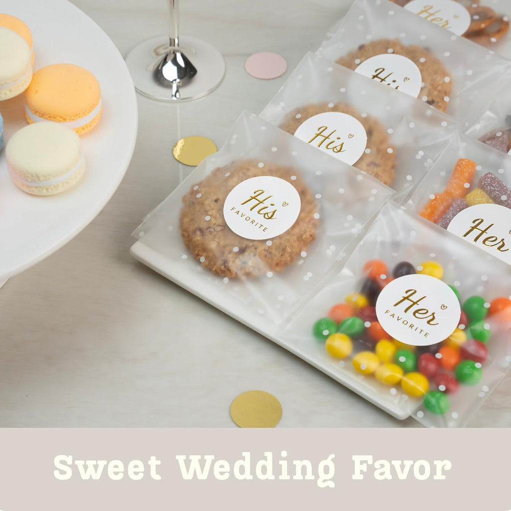 JollyFayre His Favorite Her Favorite Stickers (50 + 50) with 100 Polka Dot Gift Bags – Perfect Wedding Party Favors, Welcome Bag Stuffers