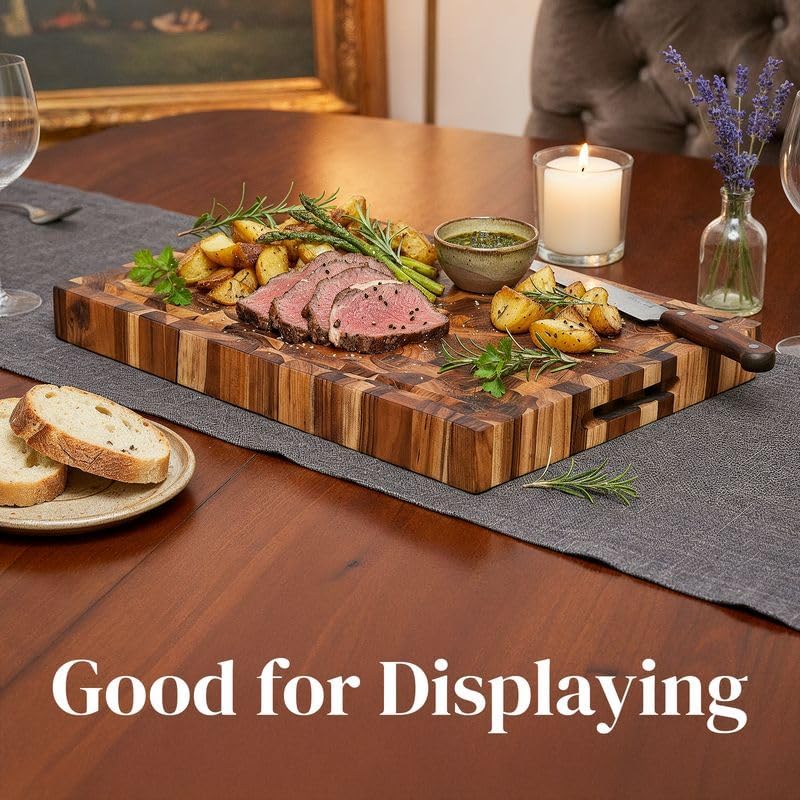 teak wood end grain cutting board 16 x, side view