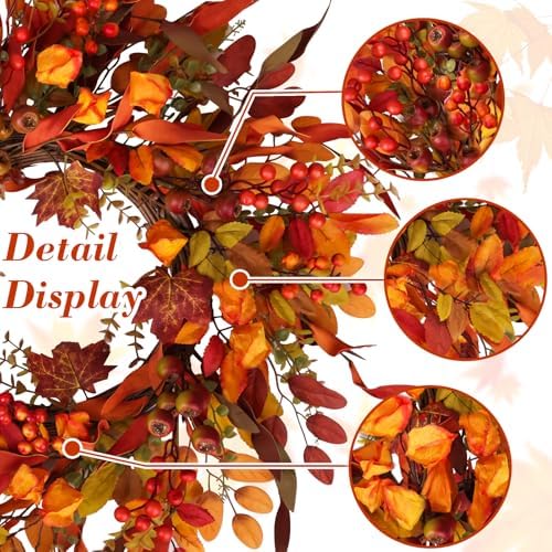 24 inch berry branches fall wreath for front, close-up detail