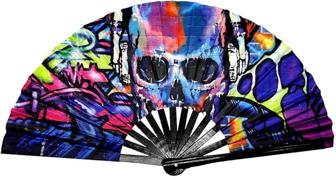 2 Pack Large Folding Rave Fan for Women/Men Holographic Festival Bamboo Clack Hand Fan Decorative Accessories for EDM, Music Festival, Event, Party, Dance, Performance,Halloween (Style-2)