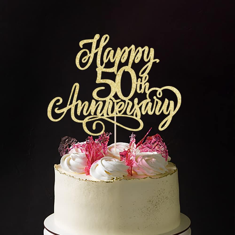 Golden glitter Happy 50th Anniversary Cake Toppers -Wedding Anniversary Party Decorations, Company Anniversary Party, 50th Birthday Party Decorations