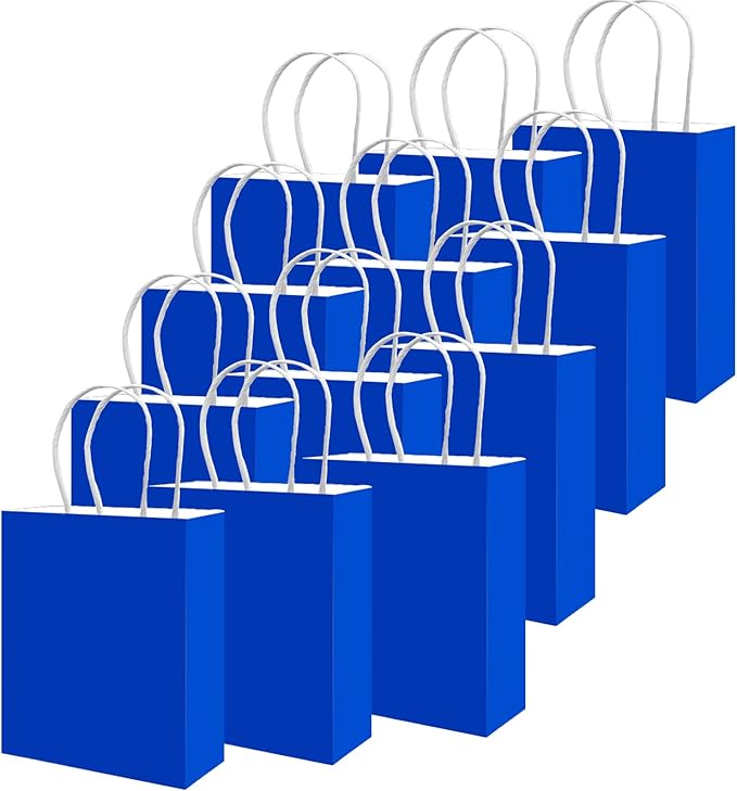 qiqee 50-Packs Gift Bag with Handles Bulk Diamond Blue Paper Bags Multiple Uses (8.3"x3"x6" Small Size)