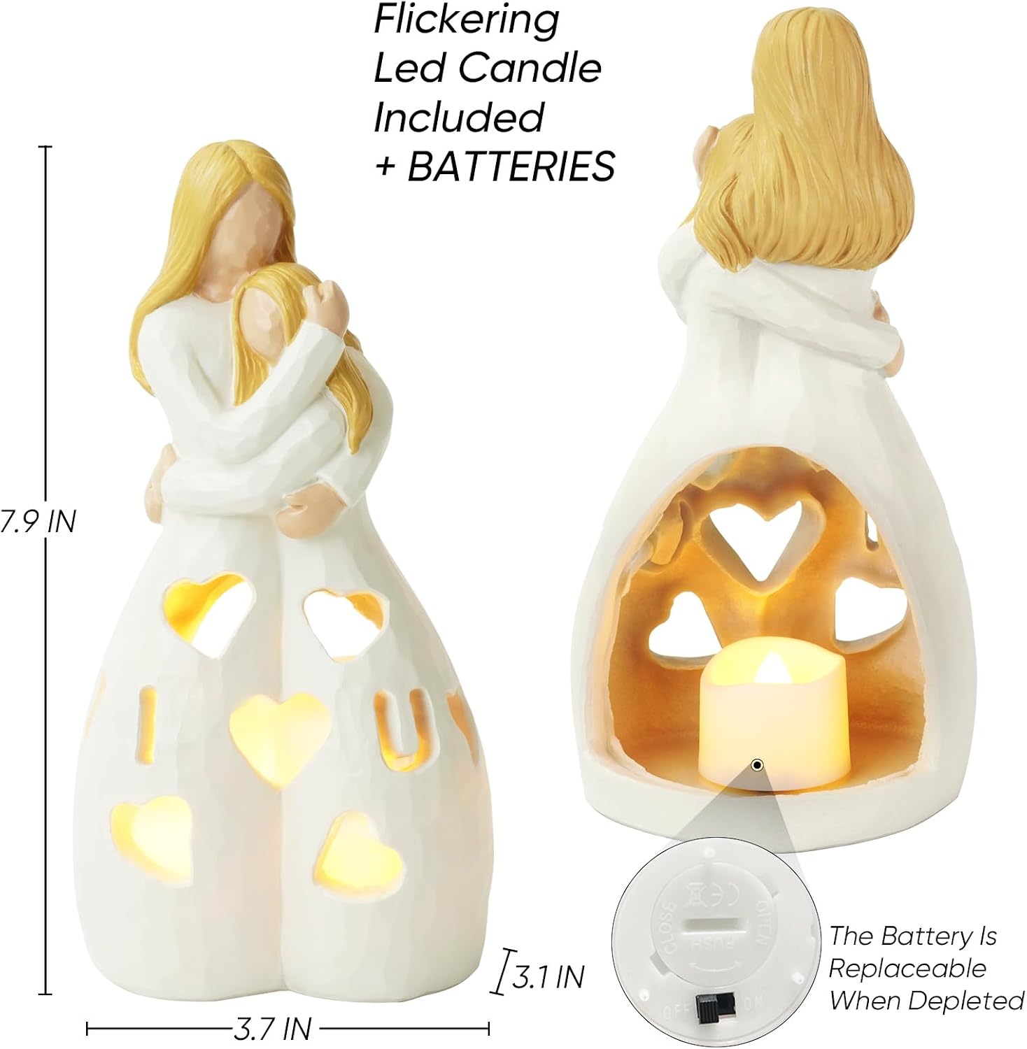 Homemory Gifts for Mom Birthday Mothers Day Present Candleholder Statue Flickering LED Tea Lights for Daughters Sister Best Friends Unique Gift Ideas Greeting Card (Hug-White)