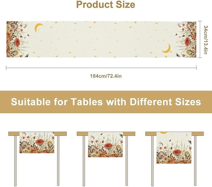 Mushroom Kitchen Table Runner, Gothic Moon Star Plants Witchy Moonlit Flower Butterfly Table Runner for Kitchen Dinner Living Room Drapes, 13x90 Inch White