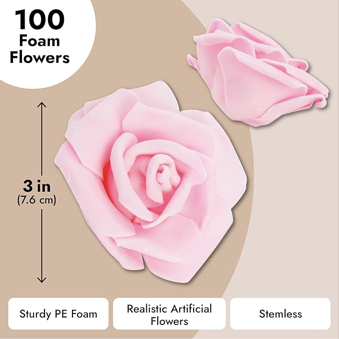 Juvale Pink Roses Artificial Flowers - 100 Pack, 3 in Stemless Foam - Bulk Artificial Blooms for Wedding Decor, Centerpiece Table Decorations & DIY Floral Arrangements