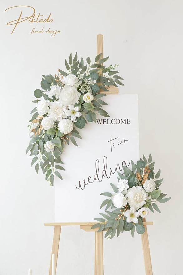 Faux Flower Swag Set of 2 for Wedding Welcome Signs Floral Swag Wedding Reception Ceremony Signs Decor (A-White)