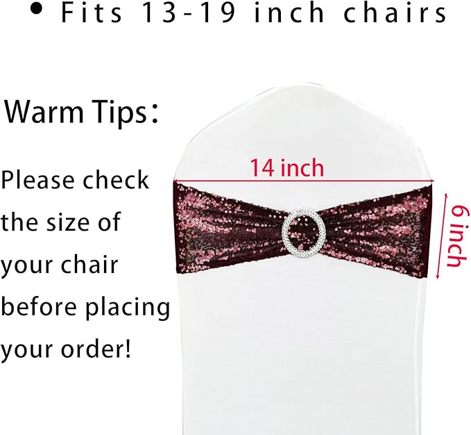 10 Pcs Sequin Chair Sashes Stretch Chair Bands Spandex Polyester Bows for Party Hotel Wedding Banquets Decoration - Burgundy