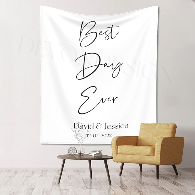 Best Day Ever Backdrop - Custom Tapestry with Names & Date, Personalized Calligraphy Banner for Ceremony & Reception, Rustic Wedding Sign
