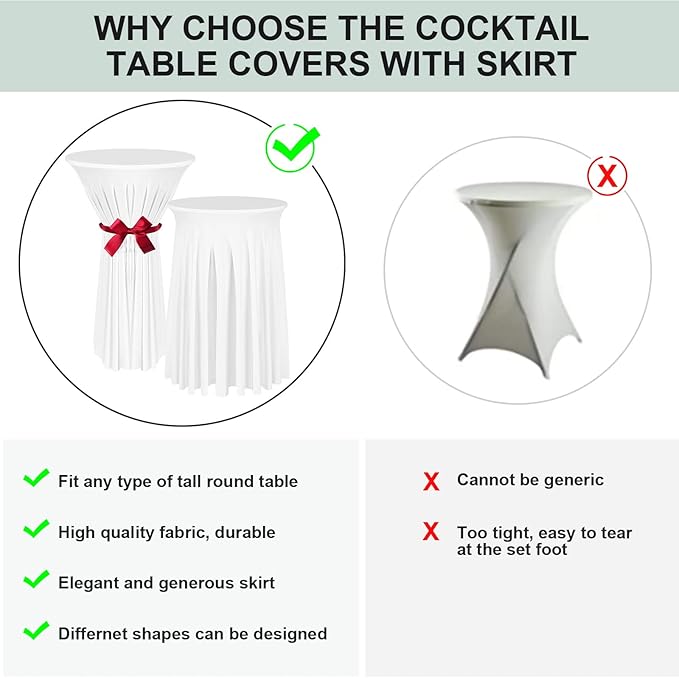 Cocktail Table Covers - 3 Pack 32"x 43" White Cocktail Table Tablecloth with Natural Wavy Round Skirt for Bar Wedding Party Banquet