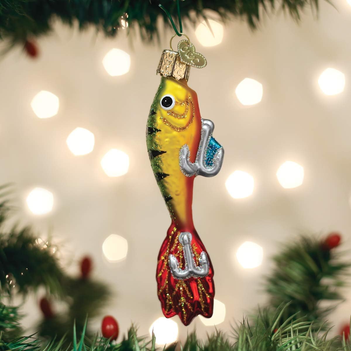Old World Christmas Fishing Lure Glass Blown Ornament for Christmas Tree, Handcrafted Holiday Decoration, Fisherman Collection