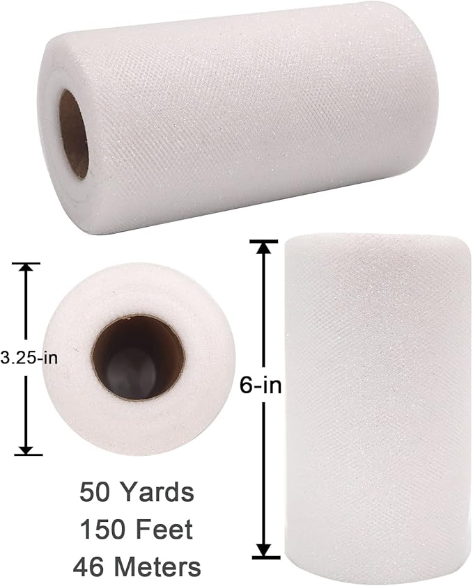 Glitter Tulle Fabric Rolls, 6 Inch 50 Yards (150ft) Sparkling Spool Ribbon Sequin Netting for Tutu Skirt Gift Wrapping Wedding Party Decoration (White)