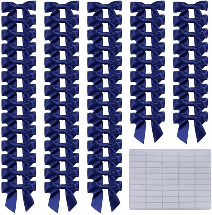2.5" Hgzgch Dark Blue Satin Ribbon Bow for Gift Wrapping, Premade Bows for Crafts, Cake, Party Favors, Handmade Bows with Double-Sided Tape, Self Adhesive Bows for Presents, Treats, Christmas - 50pcs