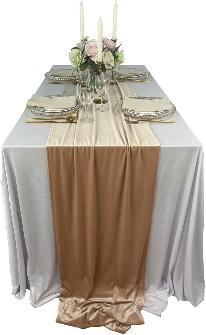 Luxurious Velvet Table Runner, 10ft Wedding Reception Decorations, 20x120inch Soft Velvet Fabric, Table Linen Overlay, Wedding Table Runners (Champagne, 20X120inch)