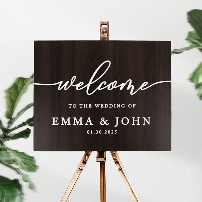Andaz Press Large Wooden Welcome Sign for Wedding, Rustic Welcome Sign 16" x 20" Custom Names & Date, Woodland Wedding Signage, Dark Walnut MDF Wood Finish Wedding Reception Indoor Outdoor Signs