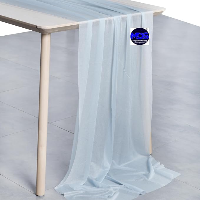 MDS 25 Pack 10ft Chiffon Table Runner 29 x 120 Inches Sheer Wedding Runner Romantic Rustic Table Runner for Wedding Decorations, Birthday Parties, Bridal Shower Party Arch Decor - Baby Blue