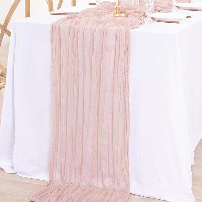 12Pcs Rubber Powder Cheesecloth Table Runner 120 Inch10FT Dust Powder Rustic Boho Cheesecloth Table Runnerfor Wedding Party Baby Shower Birthday Home Decor Holiday Decorations