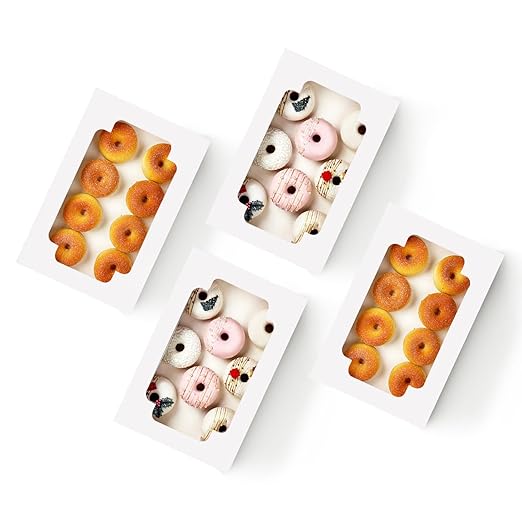 qiqee Auto-pop up White Cookie Box with Window 12x8x2.5 inch 32 Packs Two Uses One Second Folding Pastry Biscuit Bakery Box for Packaging