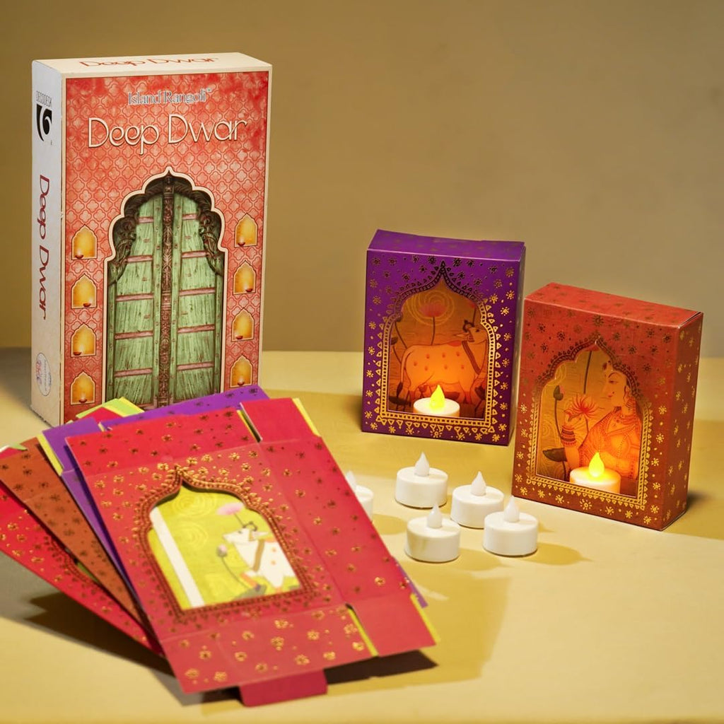 Island Rangoli Paper Deep Dwar (Pack of 12) with LED Candle, Jharokha Style Wall & Home Decor for Diwali Decoration, Festive Decor, Wall Decor