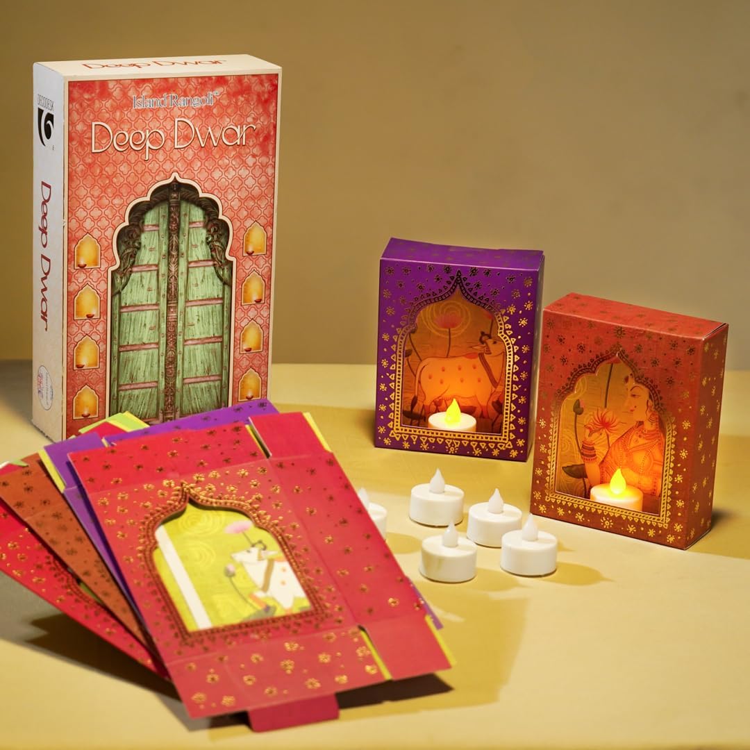 Island Rangoli Paper Deep Dwar (Pack of 12) with LED Candle, Jharokha Style Wall & Home Decor for Diwali Decoration, Festive Decor, Wall Decor
