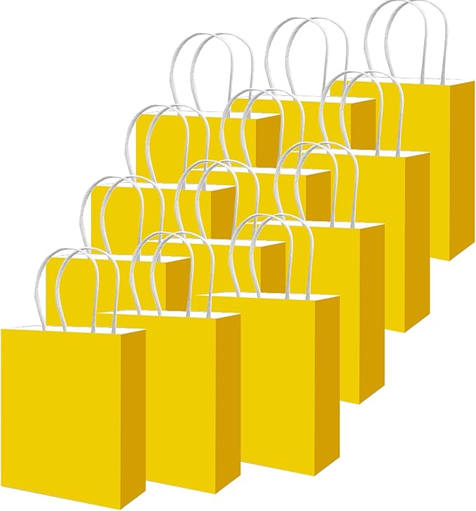 qiqee 50-Packs Bright Yellow Paper Gift Bags with Handles Bulk 11"x8.3"x4.3" Medium Size Paper Bags Multiple Uses