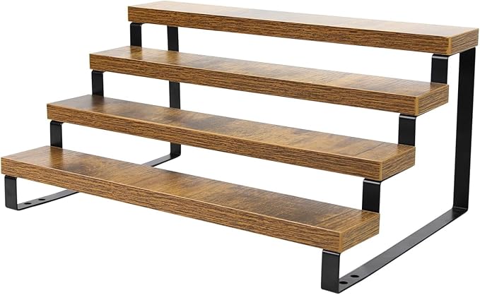 4-Tier Wooden Display Riser Shelf Stand for, Makeup, Cupcake, Condiment & Dolls Collection Home Decor Organizer, Expandable for Pantry/Counter (Brown, 4-Tier)