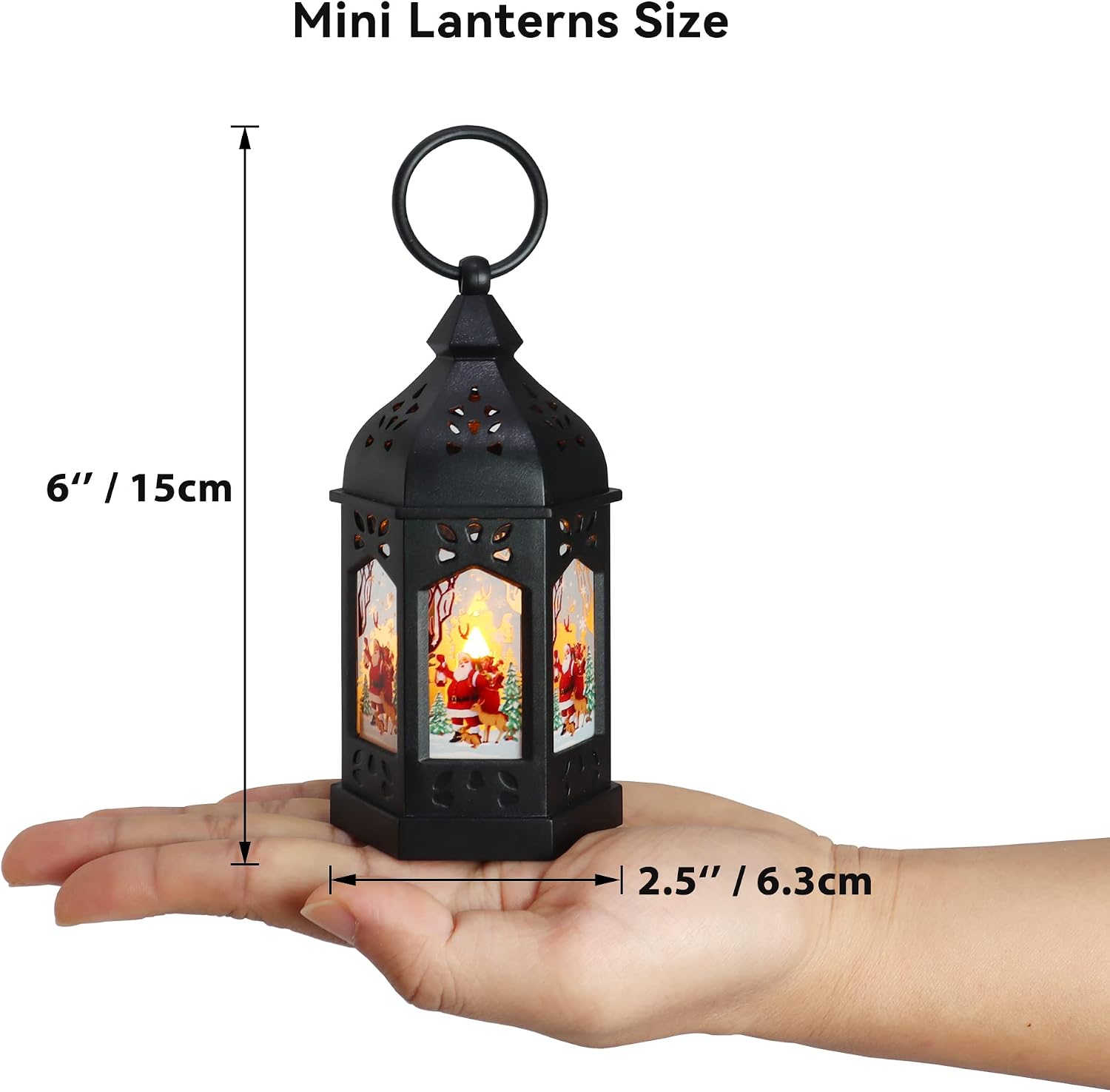 LLQ 12Pcs Christmas Decorations Mini Lanterns with Xmas Pattern & Flicker LED Candles, Vintage Christmas Centerpieces, Black Lantern Decorative, Small Candle Holder for Holiday Party Table, Ornaments