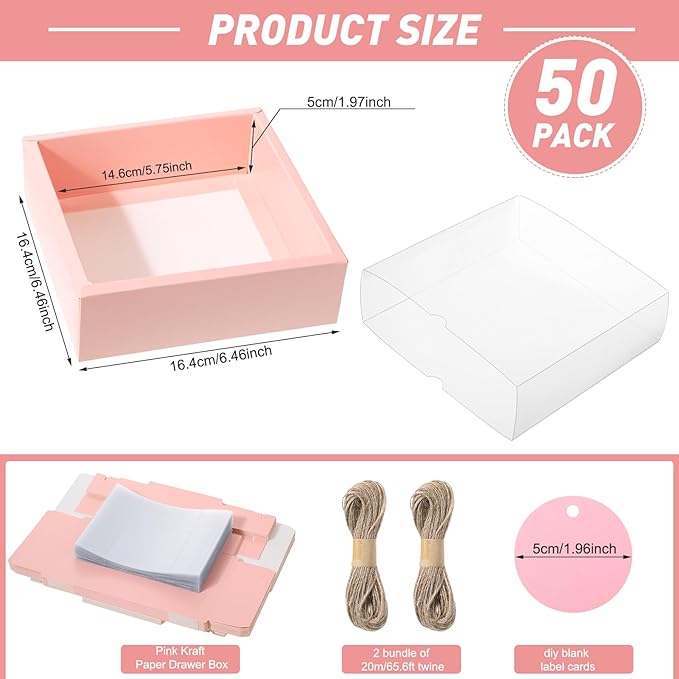 Roowest 50 Sets Kraft Soap Boxes Rectangle Packaging Box with Window Homemade Gift Box with Blank Tags and Jute String for Jewelry Candy Wrapping Party Favor(6.5 x 6.5 x 2 Inch,Pink)