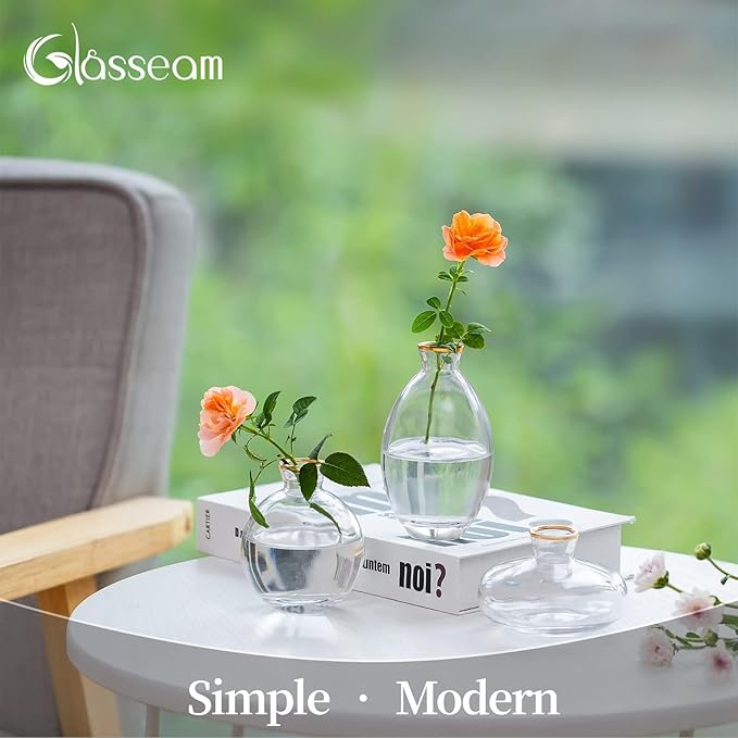 Glass Bud Vase for Centerpieces: 12Pcs Glasseam Gold Rim Mini Small Vases for Flowers Bulk Flower Vase Set Aesthetic Cute Handmade Tiny Short Wedding Table Centerpiece Decor