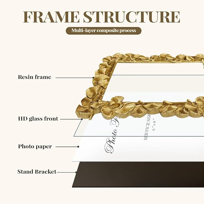 Cuspin 6x8 Picture Frame Gold, Vintage Ornate Leaf Textured Hand-Crafted Resin with Glass Front Antique Photo Frame for Tabletop Display, Retro Design Home Decor