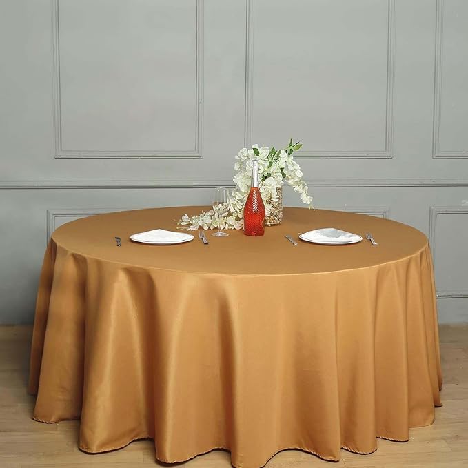 Efavormart Round Tablecloth, 132 Inch Stain & Wrinkle Resistant Washable Table Cloth, Decorative Polyester Fabric Table Cover for Banquet, Wedding, Dining- Gold