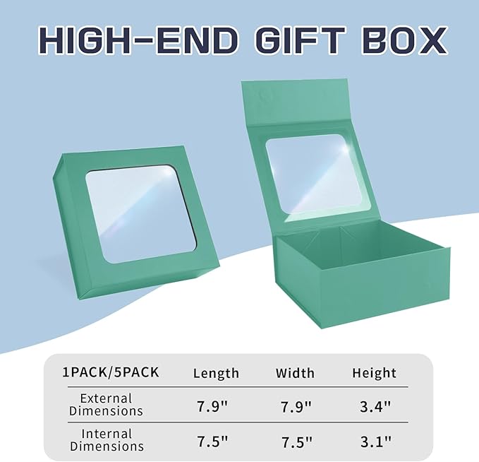 Light Green Gift Boxes with Window,7.5"x7.5"x3.1" Bridesmaid Boxe for Gift Giving,Birthday Gift Box with Magnetic,Closure Lid Gift Boxes for Presents,Cute Boxe,Luxury for Gift Packaging,Gift Box for Wrapping Gifts