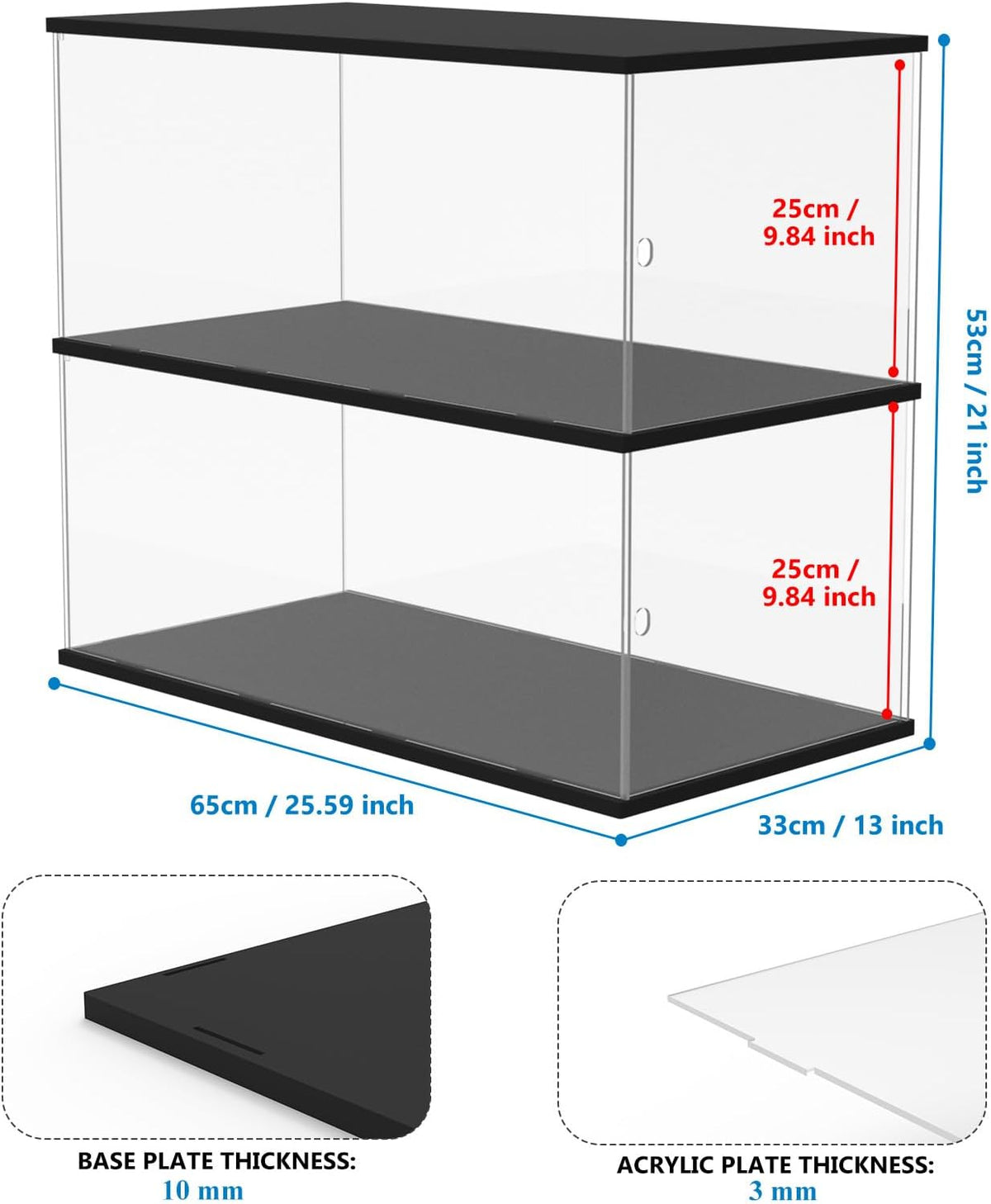 duvindd 2-shelves acrylic display case for 1/8 scale showing dimensions