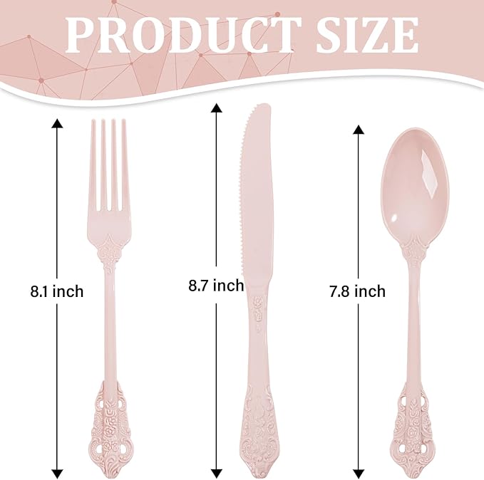 WDF 120 Pieces Heavy Duty Pink Plastic Silverware - Pink Plastic Cutlery Set - Disposable Pink Utensils - Disposable Flatware Includes 40 Forks, 40 Spoons, 40 Knives for Party, Wedding