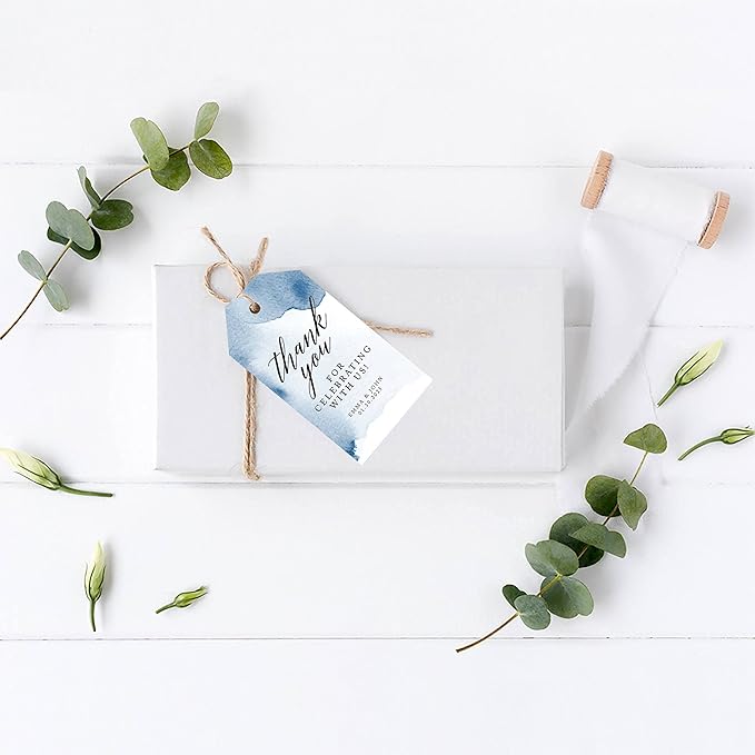 Andaz Press 100-Pack Personalized Thank You for Celebrating with Us Wedding Favor Tags with Bakers Twine Navy Blue Watercolor Custom Cardstock Wedding Gift Tags for Party Favors 2 x 3.75-Inches