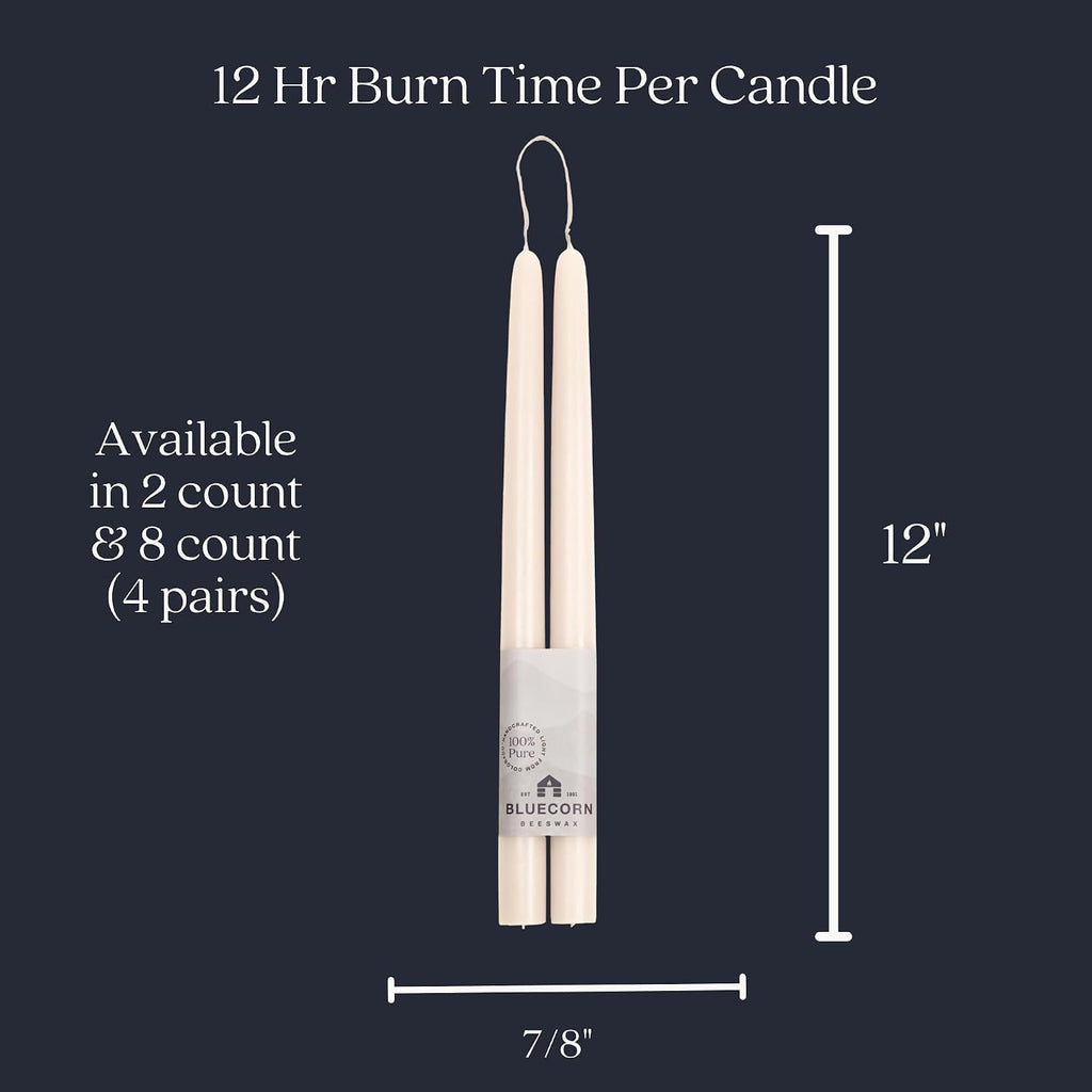 Bluecorn Beeswax Taper Candles, 100% Pure Natural Bees Wax, Pair of 12 Inch Ivory White Tapered Candlesticks, Clean Burning & Dripless, Fragrance Free, Long Lasting, Home Decor, American Made, 1 Count