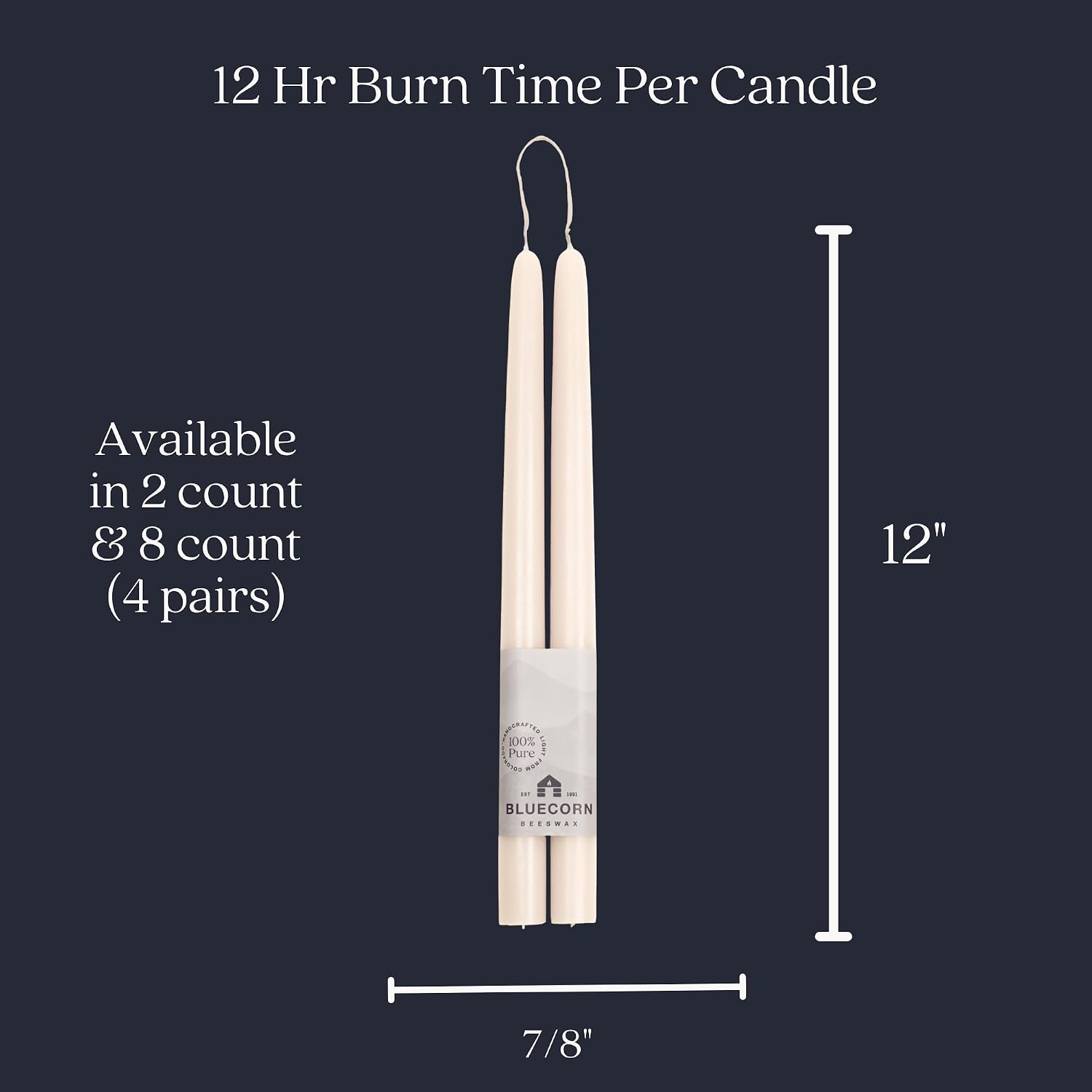 Bluecorn Beeswax Taper Candles, 100% Pure Natural Bees Wax, Pair of 12 Inch Ivory White Tapered Candlesticks, Clean Burning & Dripless, Fragrance Free, Long Lasting, Home Decor, American Made, 1 Count