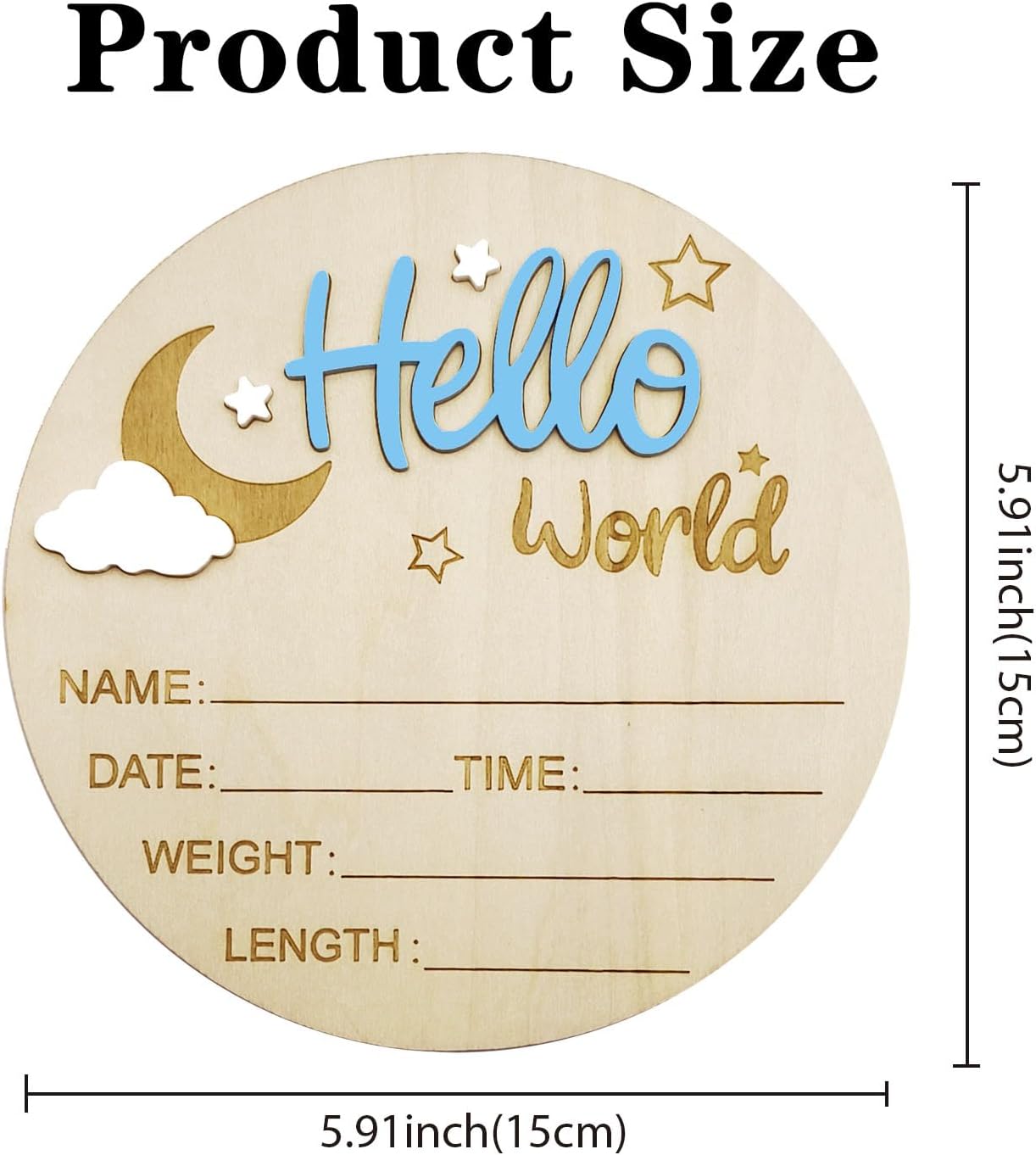 Baby Announcement Sign, 5.9 Inch Wooden Hello World Newborn Signs, Birth Announcement Sign and Pen, Moon and White Cloud Decoration, Welcome Newborn Arrival to World, Hospital Nursery for baby (Blue)