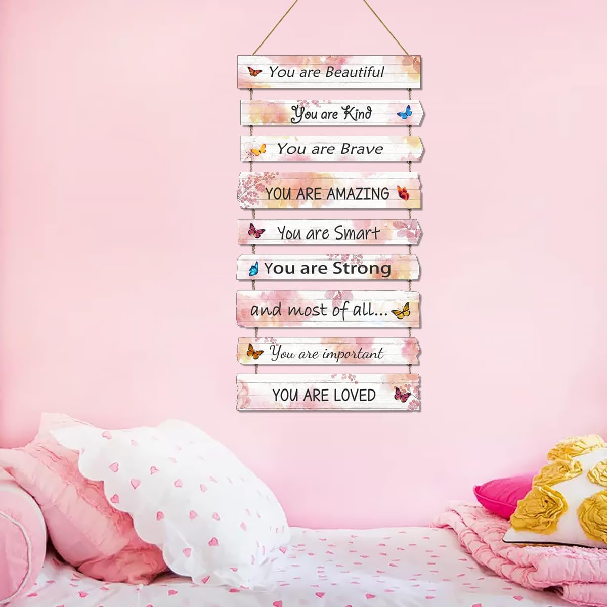 JEVUVU Butterfly Girls Room Decor, Pink Wall Decor for Baby Girl, Girl Bedroom Decor Art Signs, Trendy Stuff Decorations for Kids Nursery Bed Room Dorm Classroom Bathroom