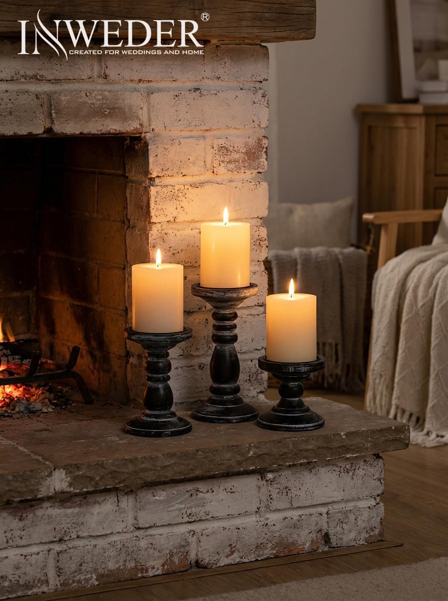 Wood Pillar Candle Holder: 3Pcs Rustic Black Candle Holders for Pillar Candles Wood Candle Holders Distressed Wooden Farmhouse Candle Holder Large Rustic Candle Holder for Fireplace Table