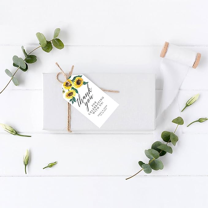 Andaz Press 100-Pack Personalized Thank You Tags with Bakers Twine Sunflowers Custom Cardstock Wedding Gift Tags for Wedding Party Favors 2 x 3.75-Inches
