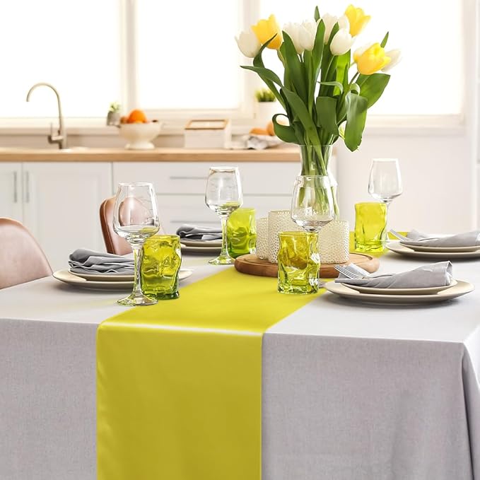 Aneco 12 Pack Satin Table Runner 12 x 108 Inch Yellow Long Wedding Satin Silk Table Runner for Wedding Banquet Graduations Birthday Party Decoration
