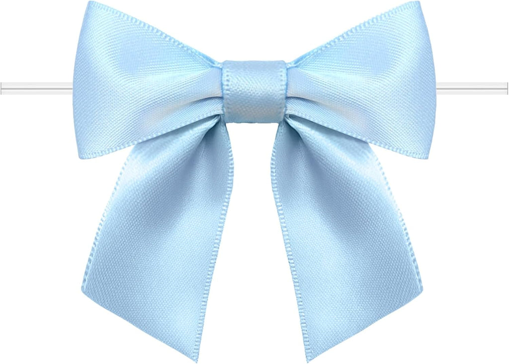 60 Pack Twist Tie Bows 3.3‘’ Craft Bows Satin Ribbon Bow for Gift Wrapping, Treat Bags, Party Favors & Craft Decoration Light Blue