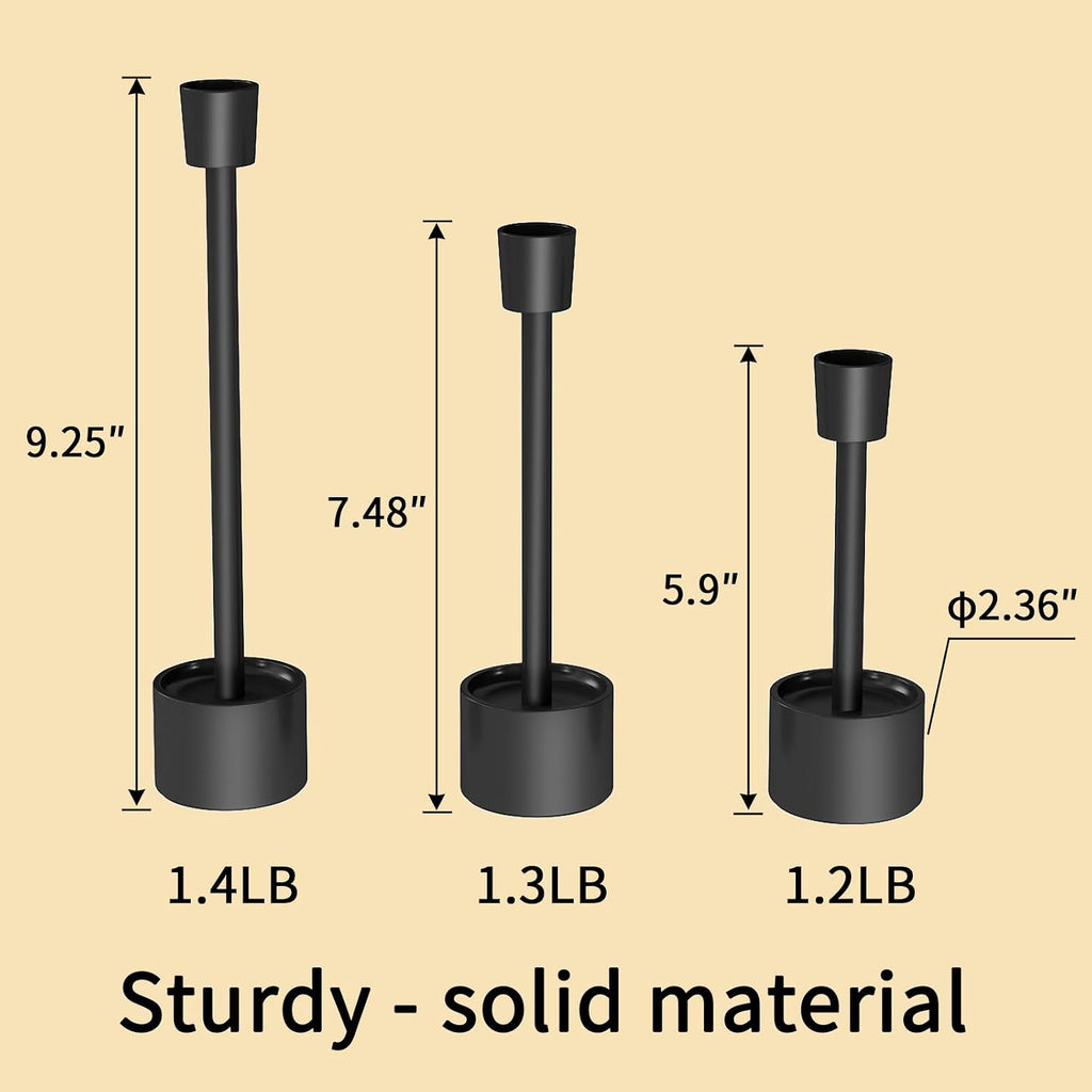 YUMORE 3.9lbs Heavy-Duty Solid Non-Tipping Taper Candle Holders, 3 Packs | Stands for Church, Wedding Centerpieces, Dining Table, Mantel Decor, Fireplace Party, Modern Farmhouse(Black)