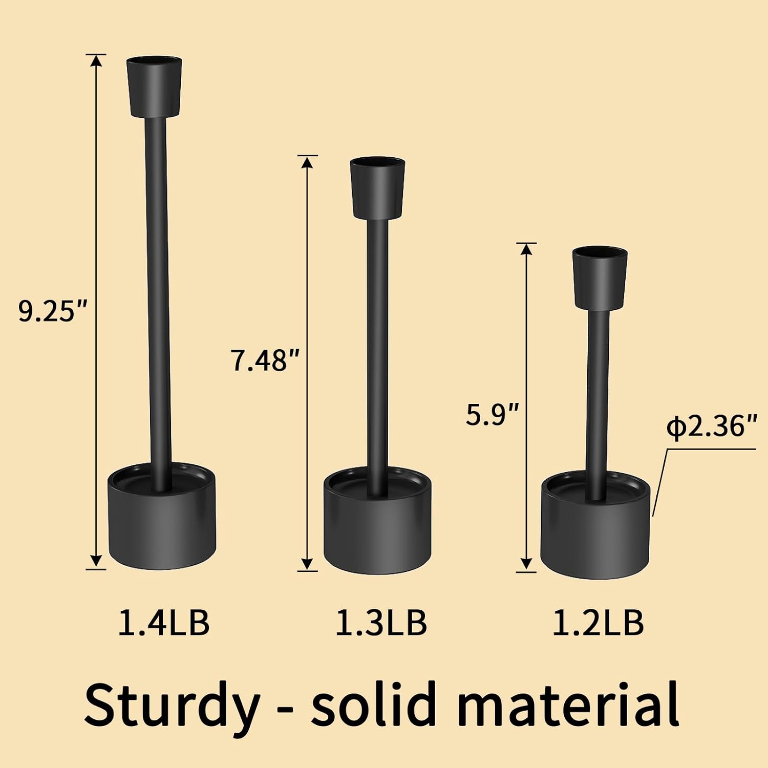 YUMORE 3.9lbs Heavy-Duty Solid Non-Tipping Taper Candle Holders, 3 Packs | Stands for Church, Wedding Centerpieces, Dining Table, Mantel Decor, Fireplace Party, Modern Farmhouse(Black)