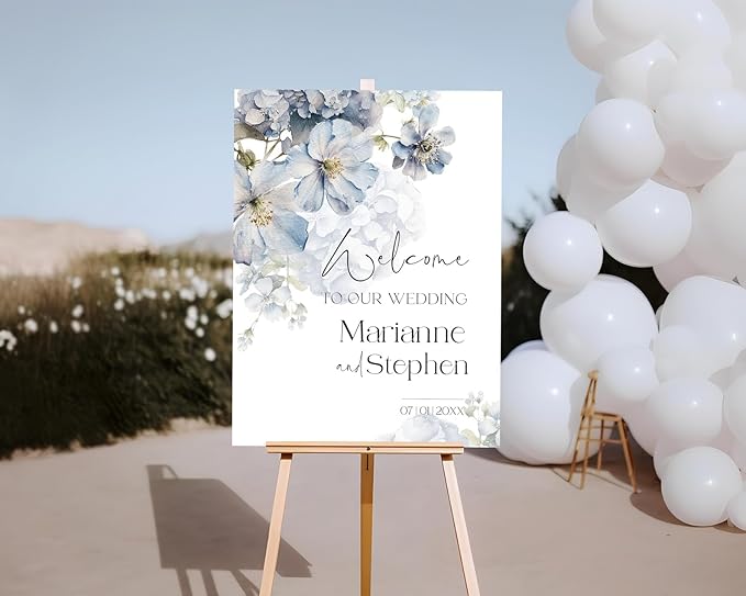 Welcome Wedding Sign Personalized, Soft Blue Flower Wedding Sign Decorations Signage 12" X 18" (Small), 27" (Medium), 36" (Large), Plastic, Modern, Pole Mount, Weather