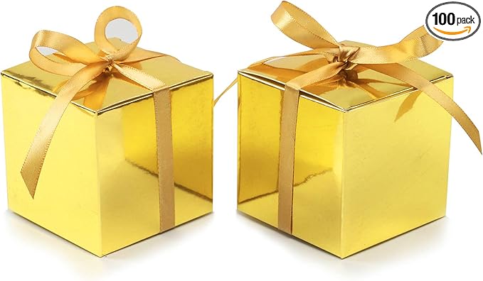COTOPHER 100pcs Wedding Favor Boxes, Paper Gift Boxes 3x3x3 Inches Small Gift Boxes with Ribbons Small Boxes for Gifts, Crafting, Cupcake, Candy, Bridesmaid Proposal Boxes (Metallic Gold)