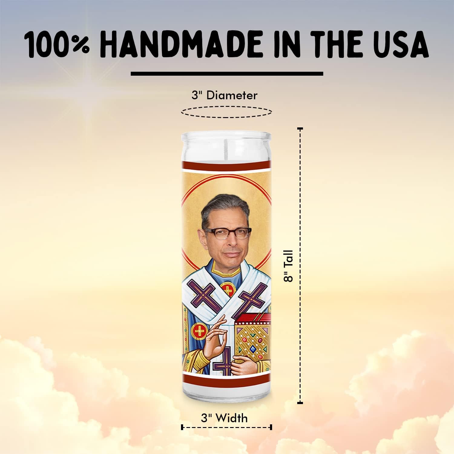 Goldblum Celebrity Glass Jar Candle – Unscented Handmade Soy Wax Votive Candle – Unique Gift for Movie Lovers – Home Decor Collectible for Living Room & Office – 8 Inch