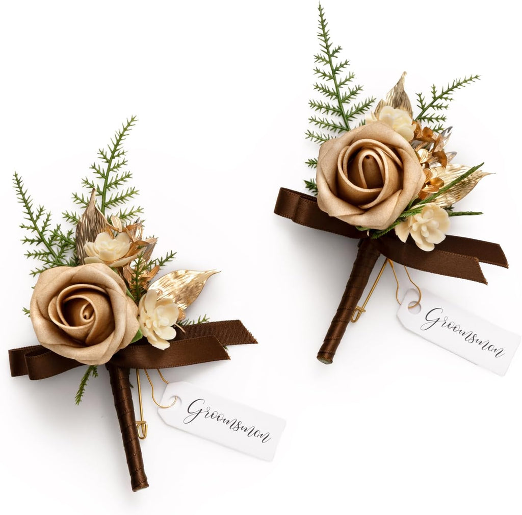 Ling's moment Boutonniere for Men, 2pcs Groom Groomsmen Guest Boutonniere, Artificial Flowers for Wedding/Prom/Homecoming, etc.Brown Golden Glove