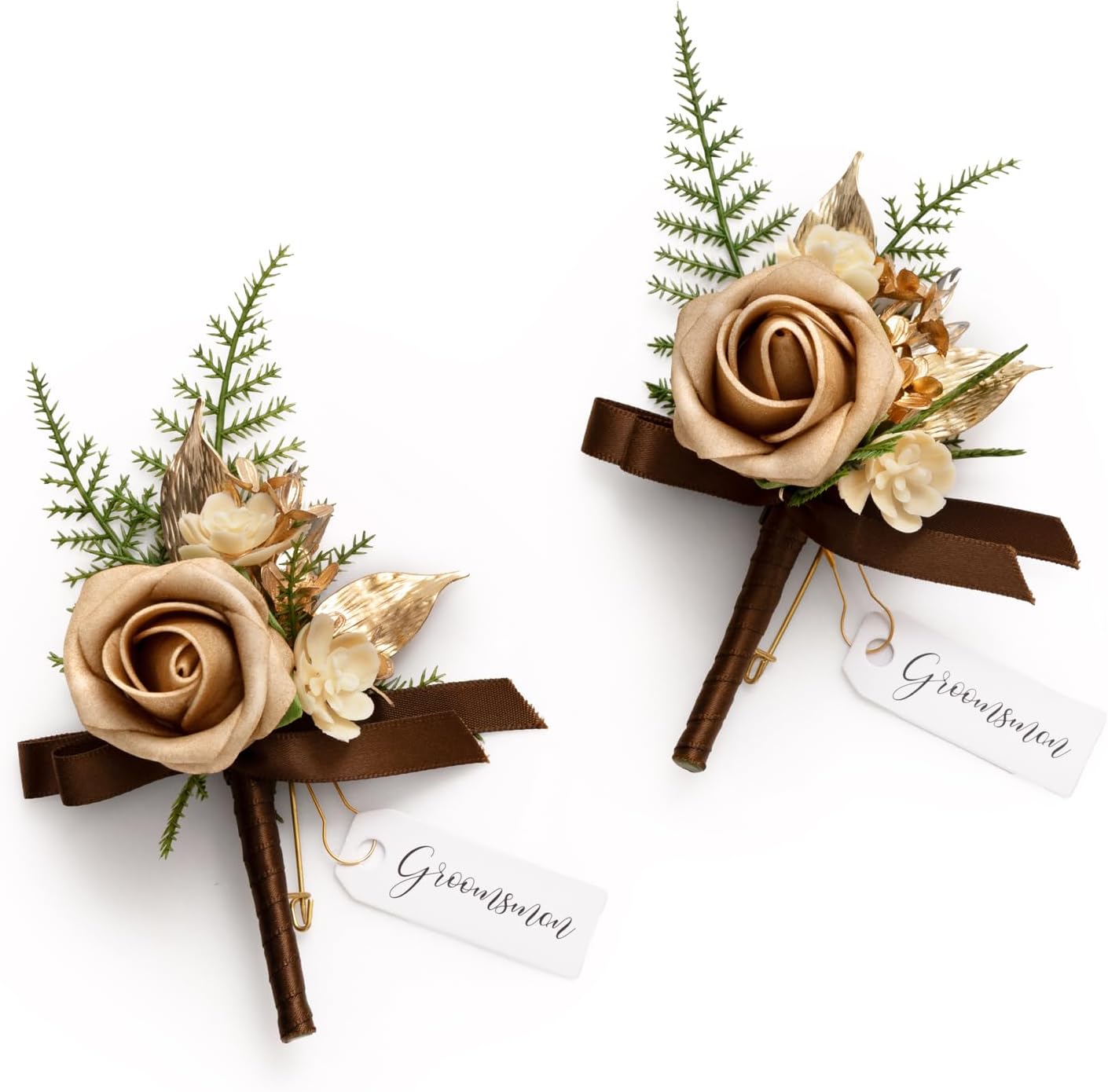 Ling's moment Boutonniere for Men, 2pcs Groom Groomsmen Guest Boutonniere, Artificial Flowers for Wedding/Prom/Homecoming, etc.Brown Golden Glove