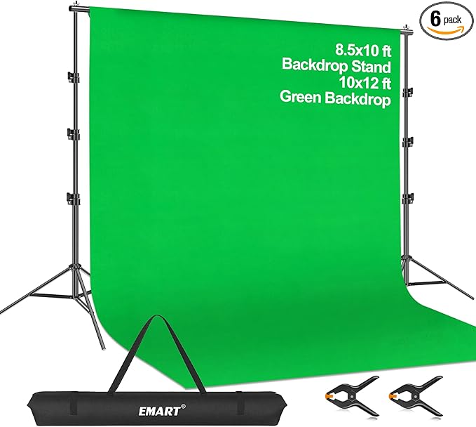 EMART Photo Video Studio 8.5 x 10ft Green Screen Backdrop Stand Kit, Photography Background Support System with 10 x12ft 100% Cotton Muslin Chromakey Curtain